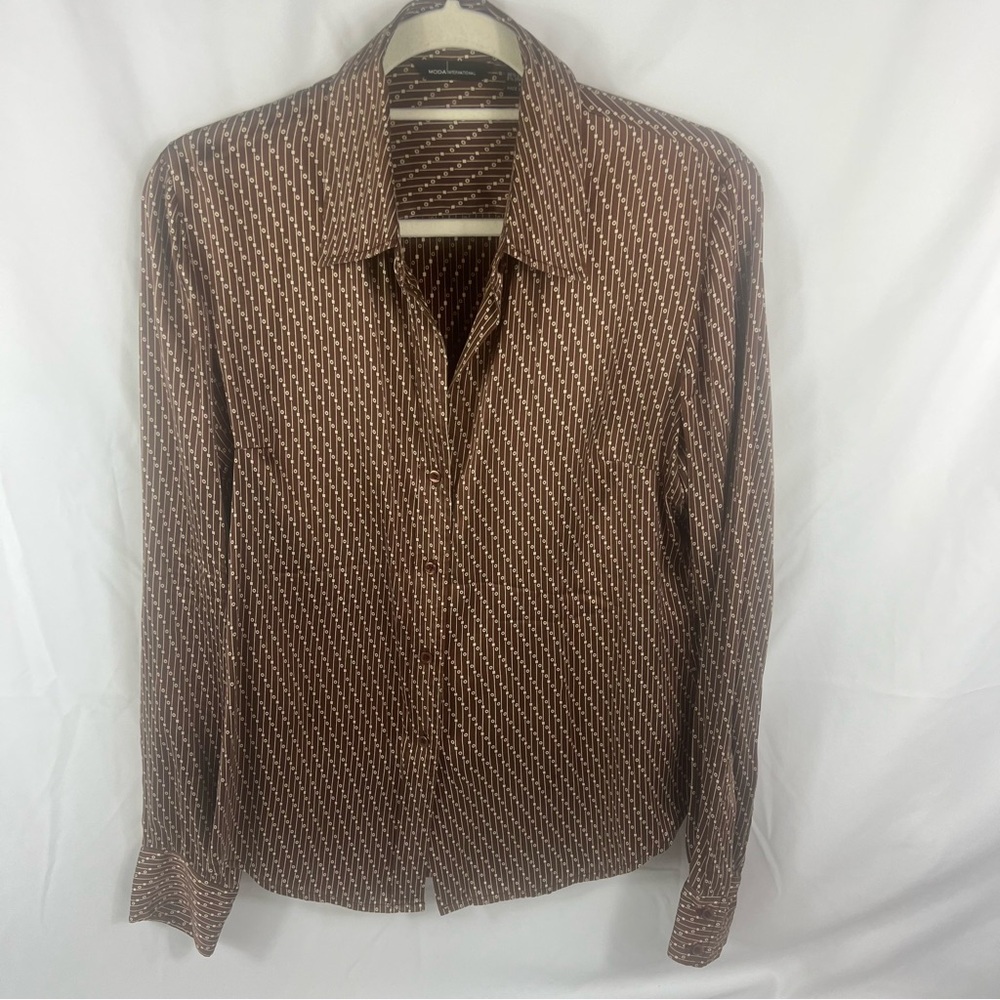 Moda International Brown Patterned Silk Button Do… - image 2